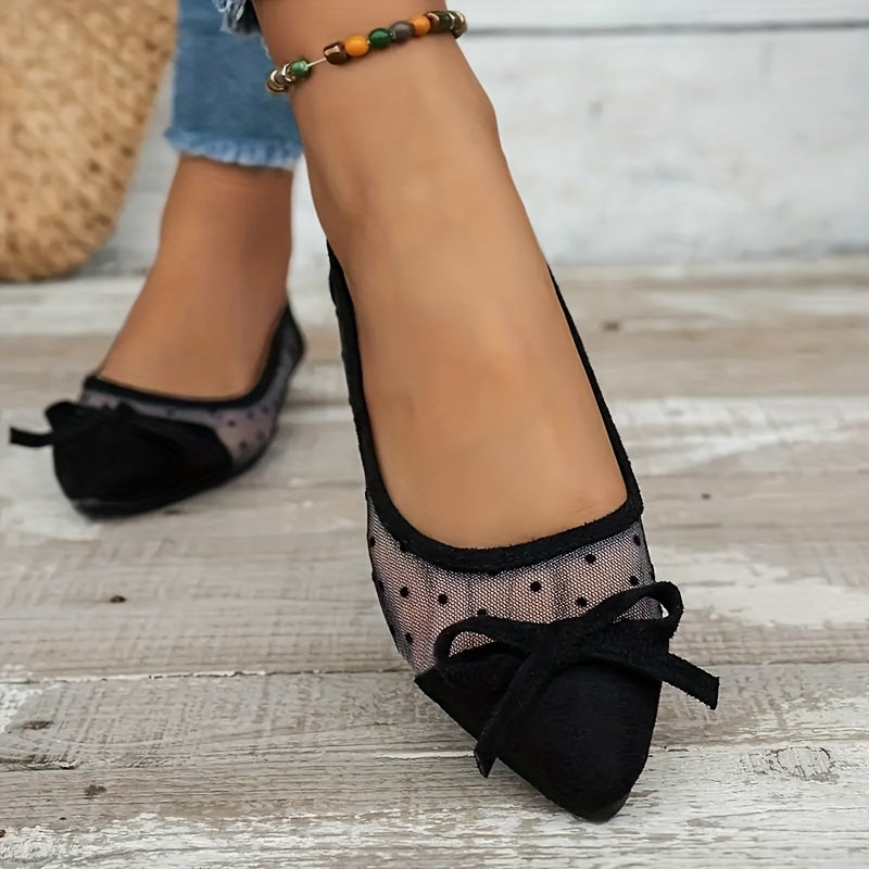 Women's Black Pointed Toe Loafers with Bow Dot Mesh Slip-On Flats