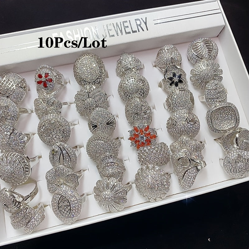 Set of 10 Women's Synthetic Zirconia Inlaid Copper Rings Elegant High-End Style for Weddings Parties and Daily Wear