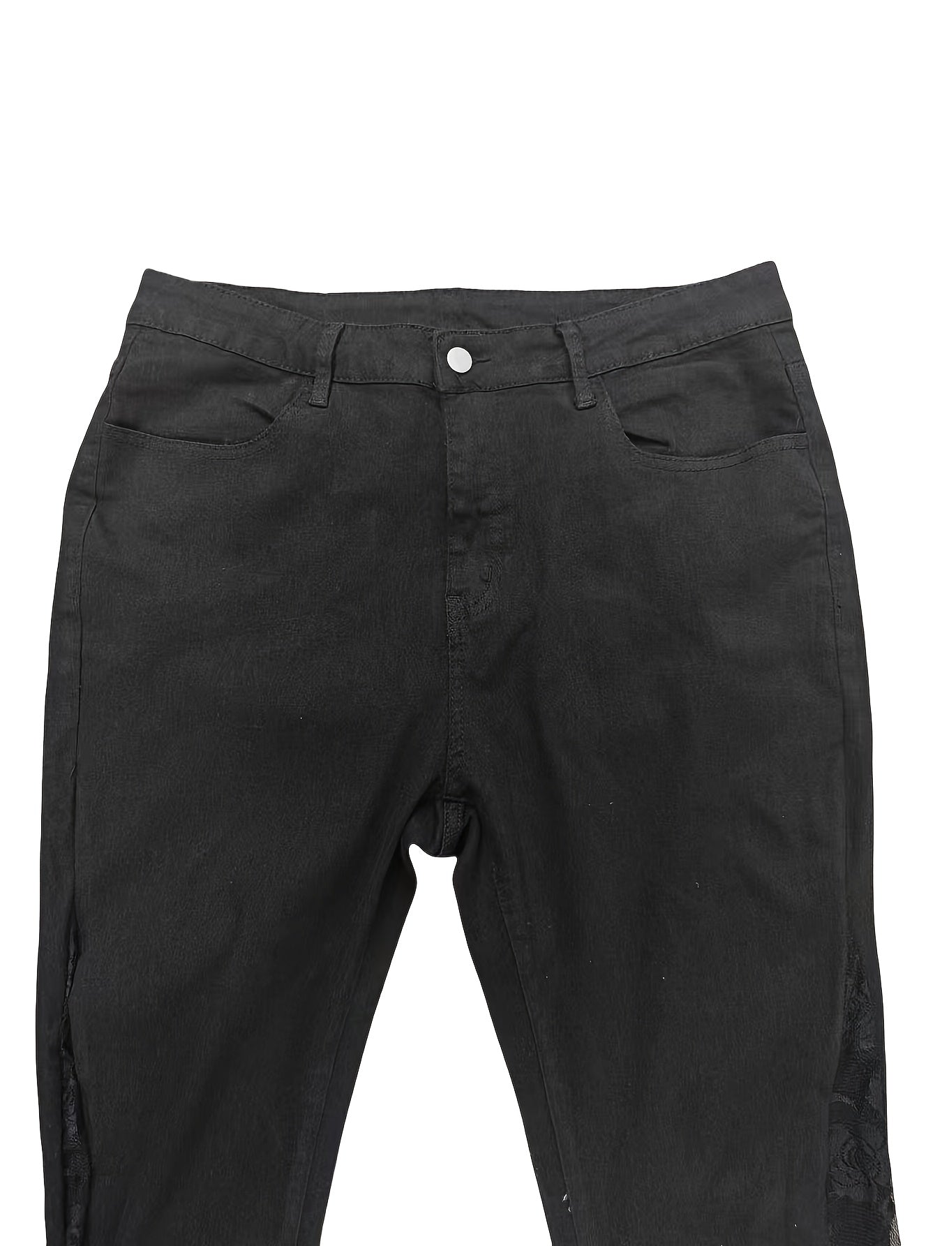 Серые узкие джинсы с высокой талией, кружевной отделкой, полосатым декором, из денима, для всех сезонов