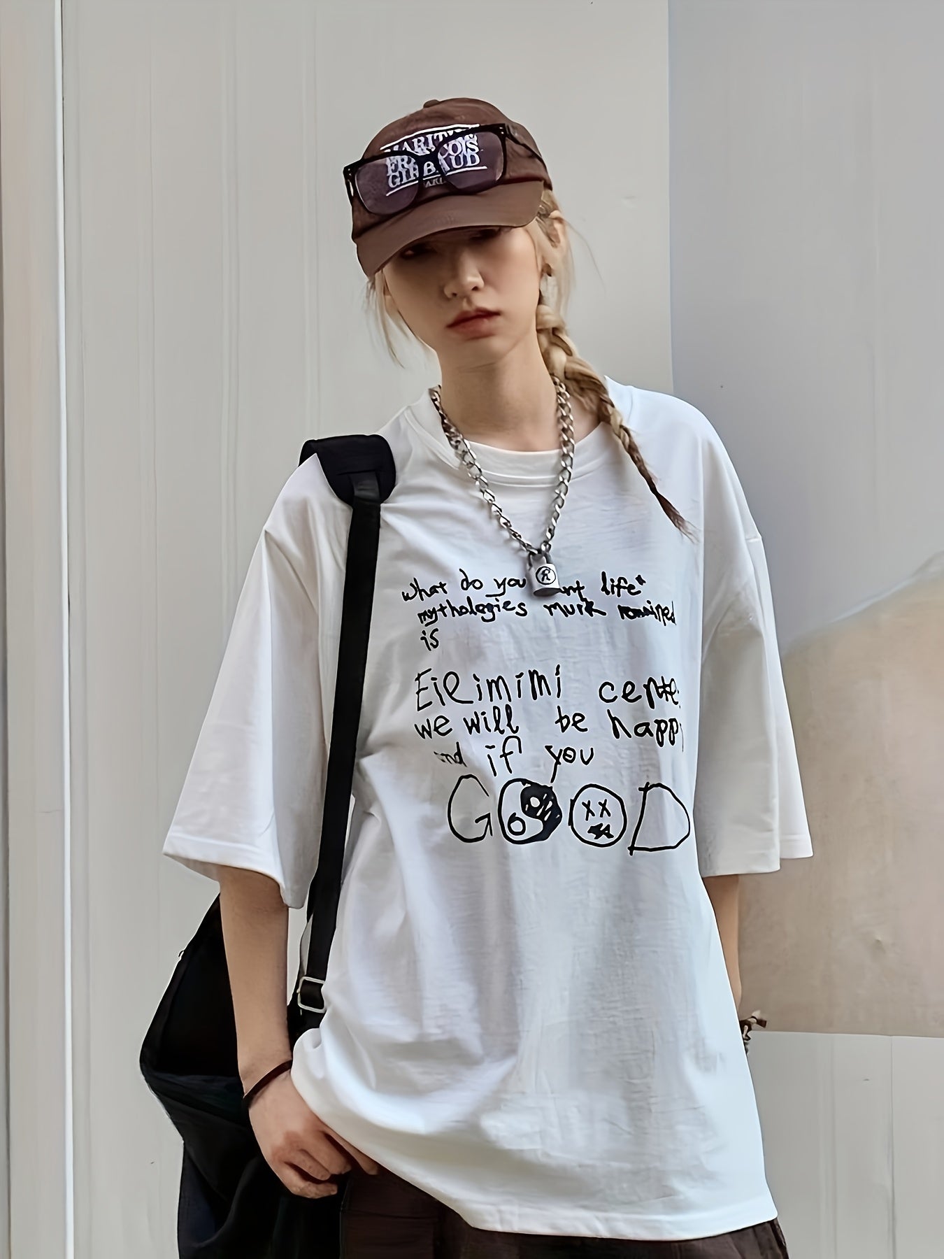Women Oversized Cotton Graphic T-Shirt Short Sleeve White Casual Spring Summer