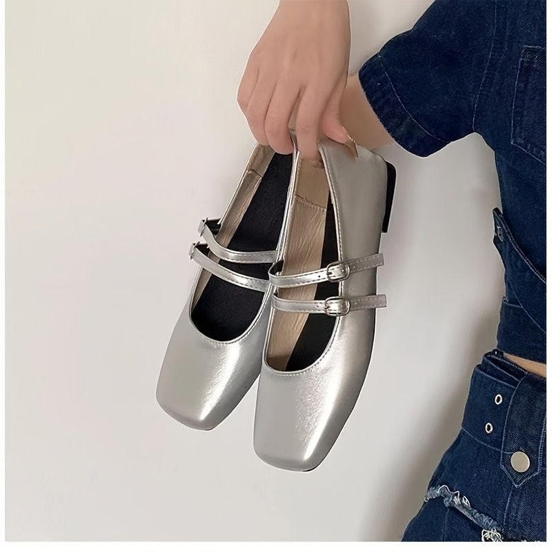Zapatos planos de mujer de cuero sintético tipo Mary Jane con punta cuadrada y suela acolchada