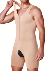 Body de control abdominal beige para hombre con cremallera, ajuste delgado, soporte de compresión
