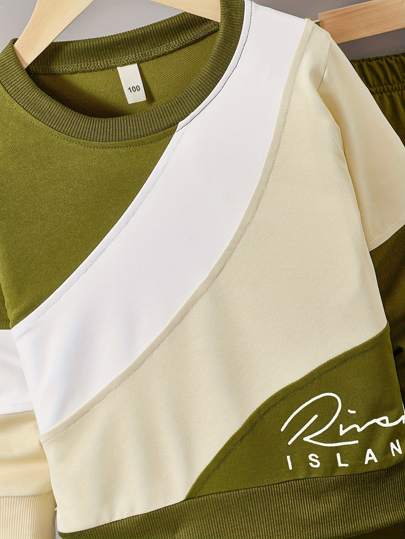 Men's and Children's Spliced Letter Print Suit with Round Neck Polyester Casual