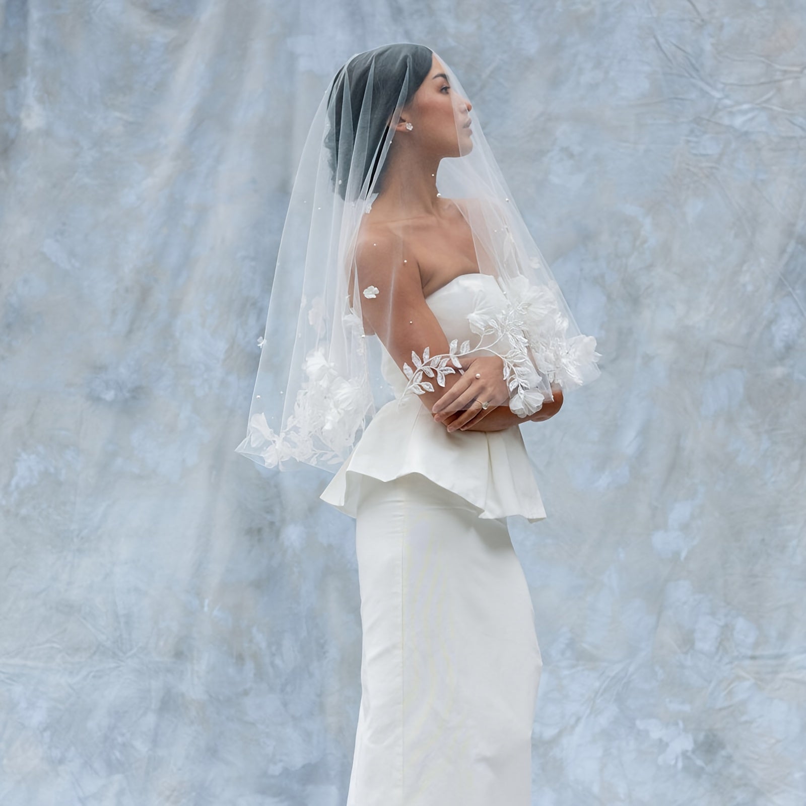 Double-Layered Wedding Bridal Veil with 3D Floral Appliques and Beading Soft Polyester