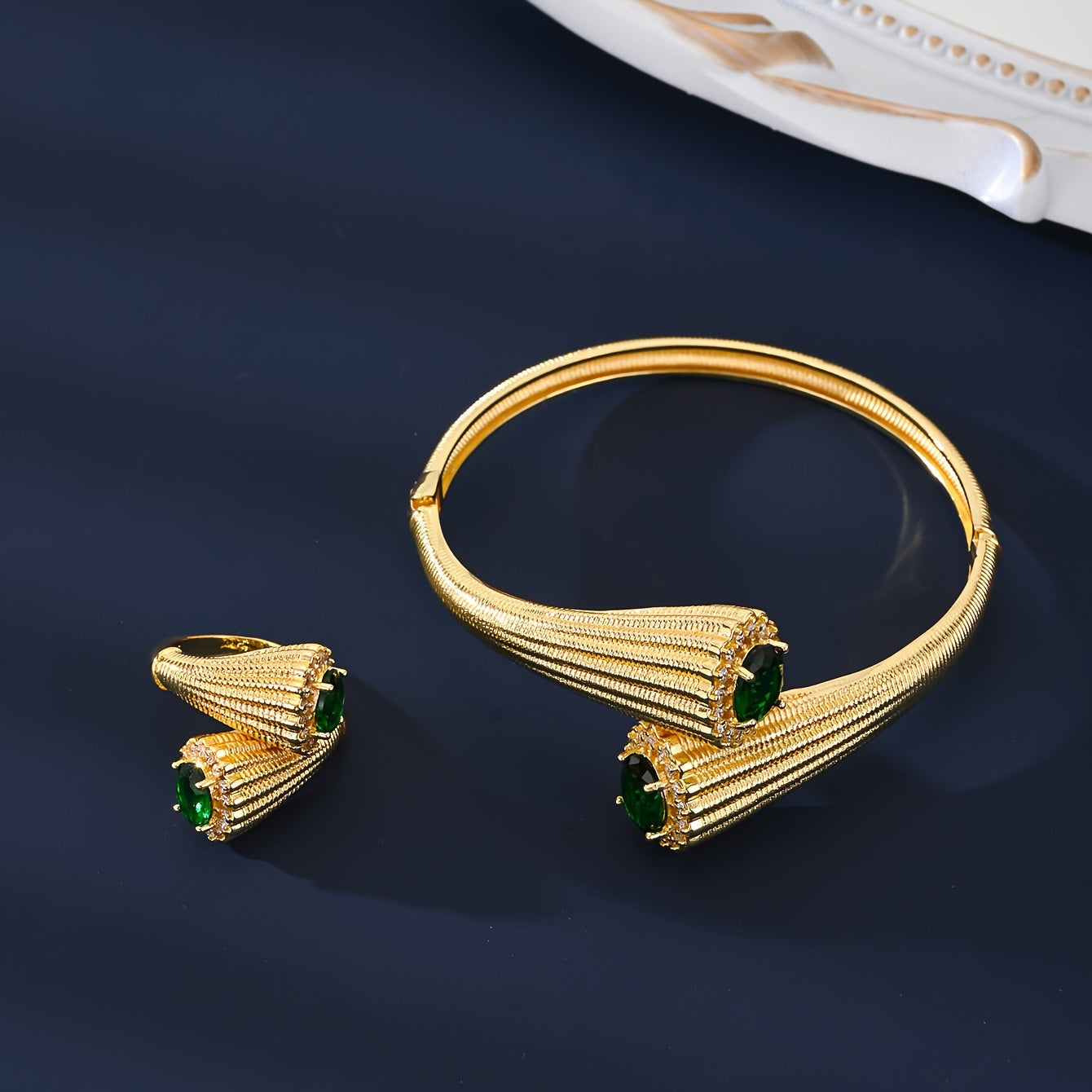 Gold-Toned Copper Jewelry Set with Zirconia Accents Necklace Earrings Bangles