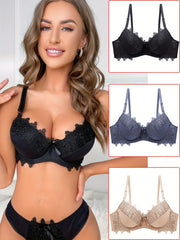 Set of 3 Women's Push Up Bras with Contrast Lace and Bow Tie Details