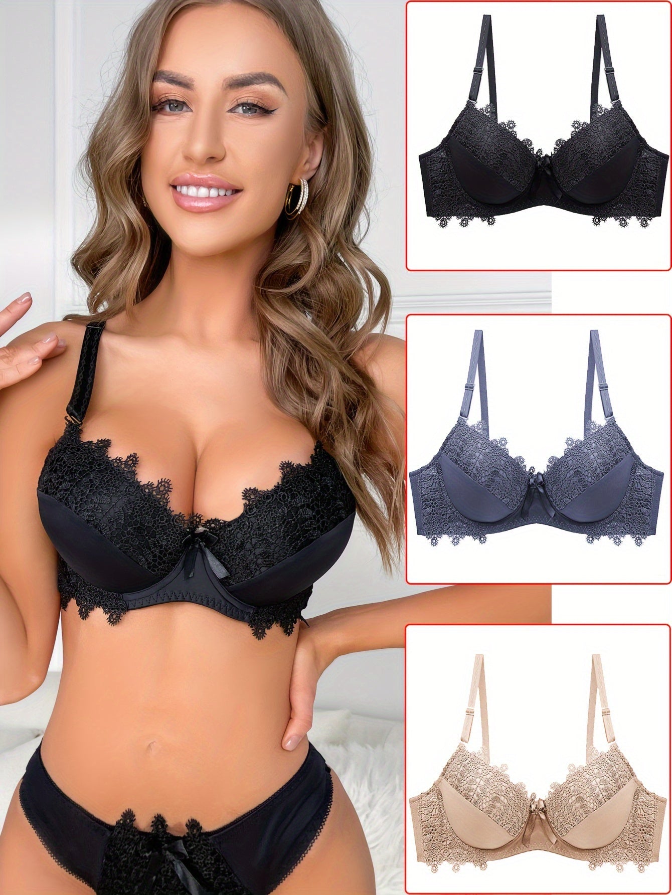 Set of 3 Women's Push Up Bras with Contrast Lace and Bow Tie Details