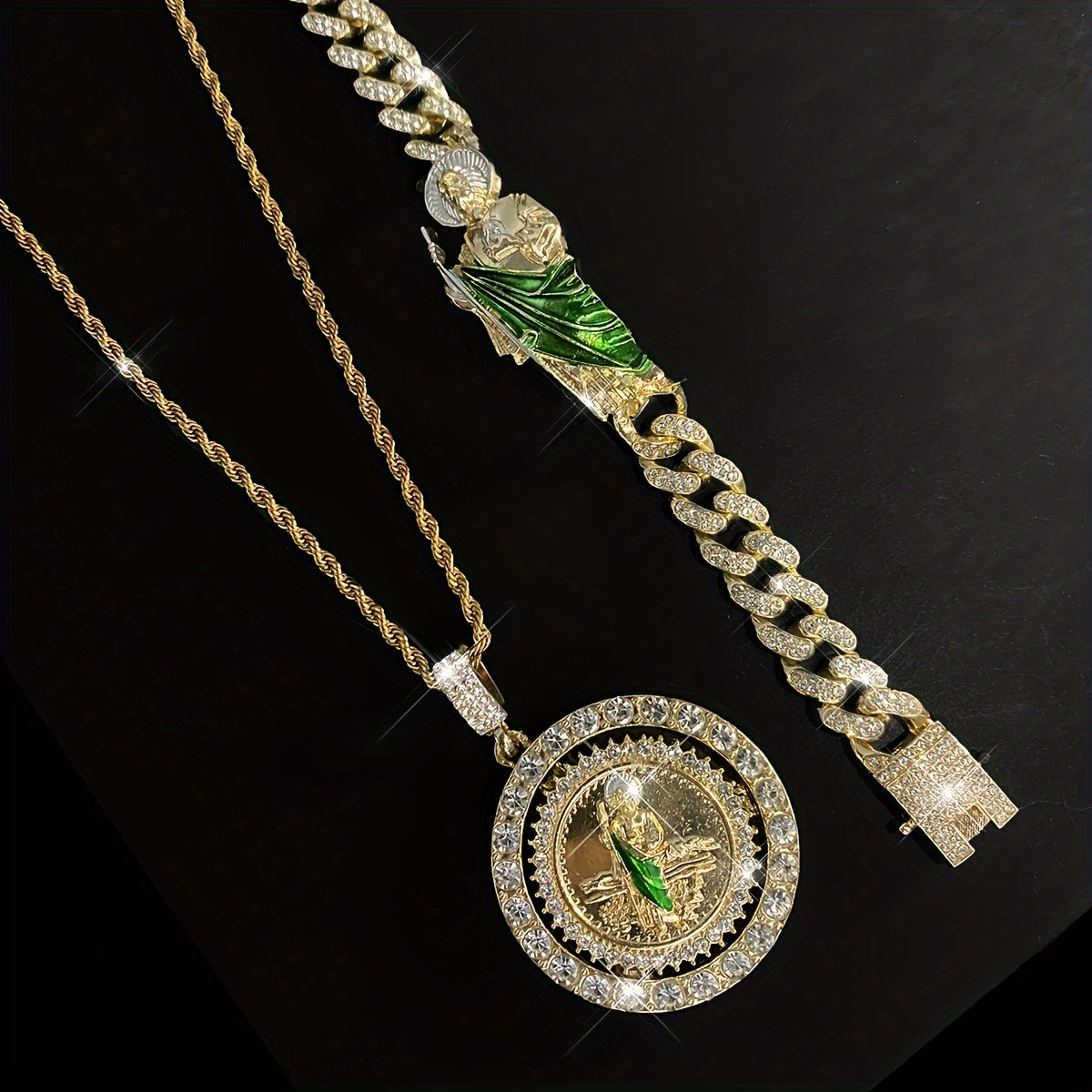 Uniseks zargarlik to'plami, zanglamaydigan po'latdan yasalgan diniy ramzlar, pendants va bilaguzuk, yashil emal bilan