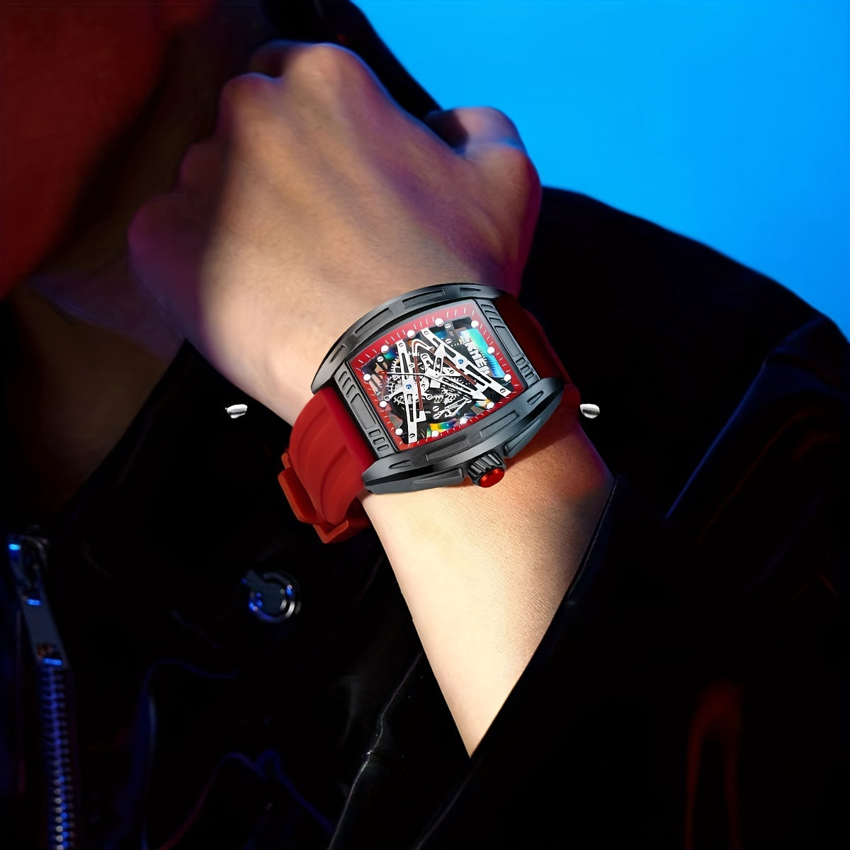 Reloj de cuarzo para hombre con esfera hueca, caja en forma de barril, resistente al agua, correa de silicona y luz nocturna