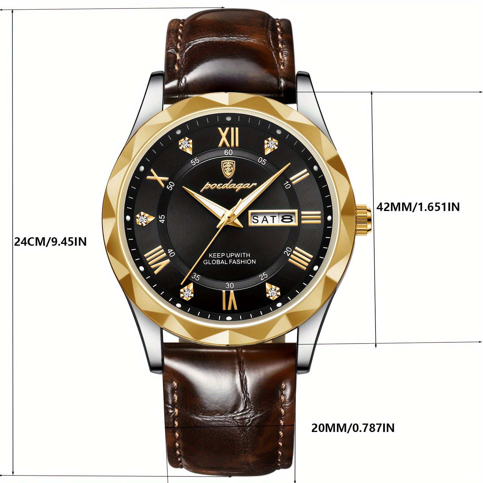 Men's Waterproof Luminous Dual Calendar Quartz Watch with Alloy Case and PU Leather Strap