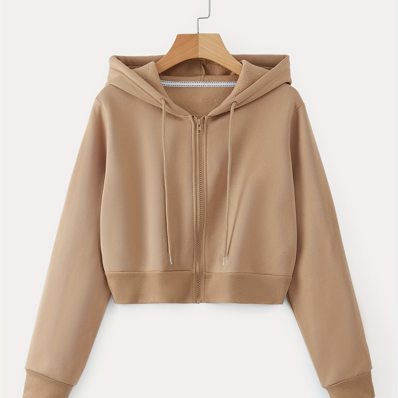 Women's Cropped Hoodie with Drawstring, Long Sleeves, Zipper, Fall and Spring Casual Wear