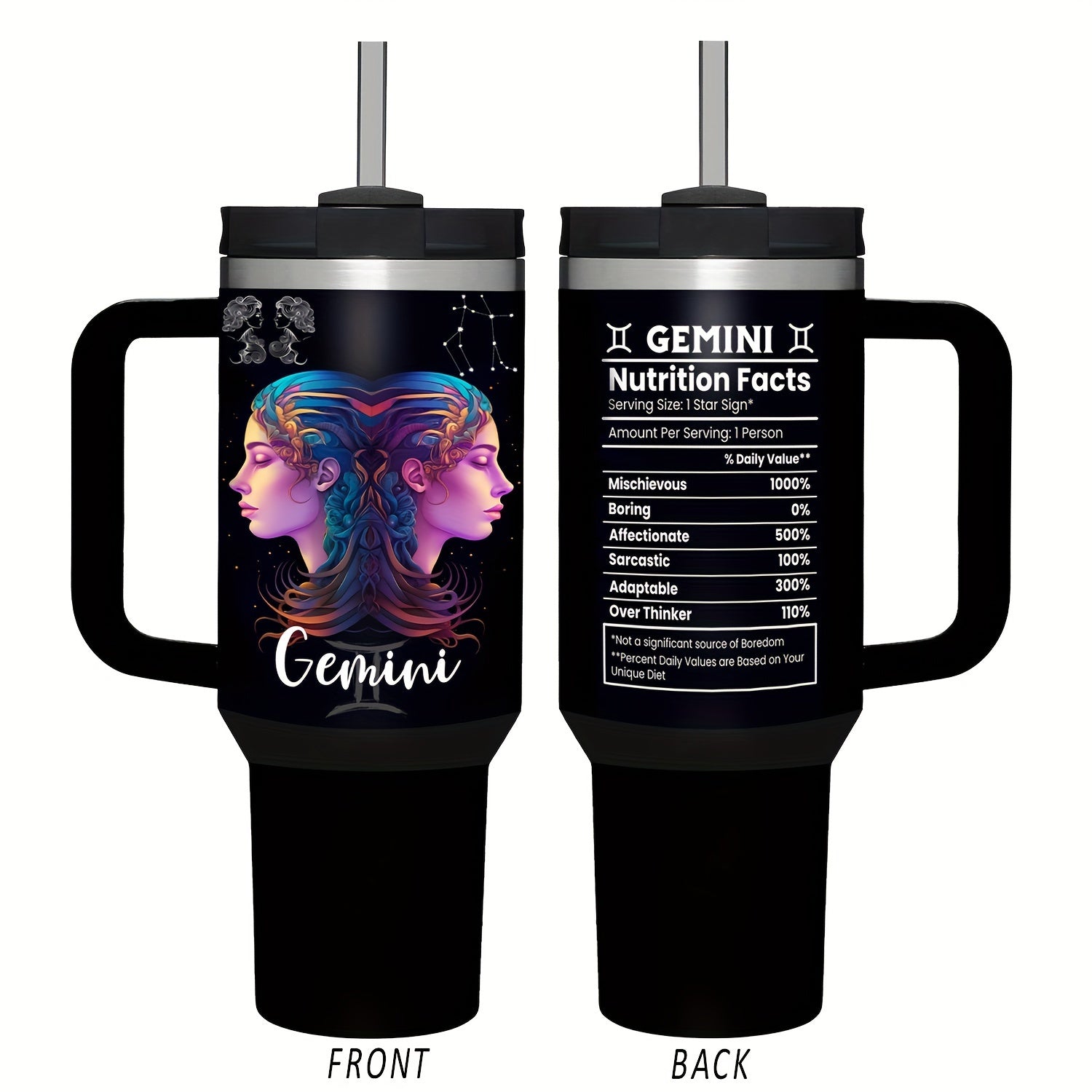 Vaso de acero inoxidable Zodiac de 40oz con asa y pajilla, a prueba de fugas, libre de BPA, taza de café de astrología para hombres y mujeres