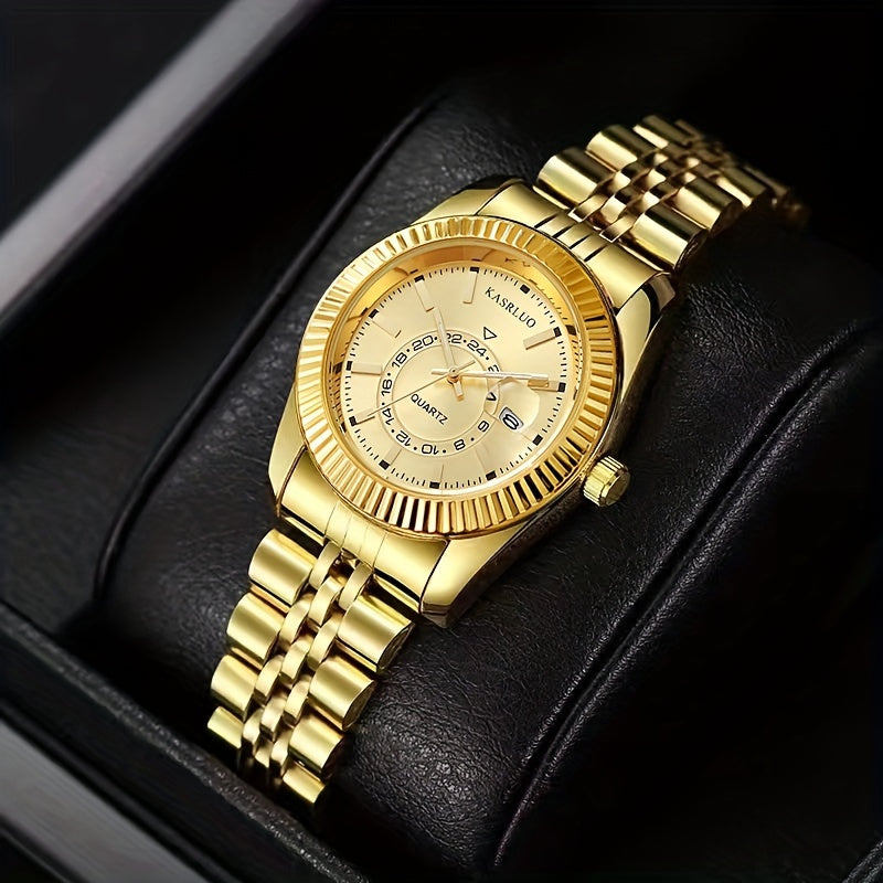 Women's Gold-Tone Quartz Watch with Date Display Roman Numerals Alloy Case Stainless Steel Band