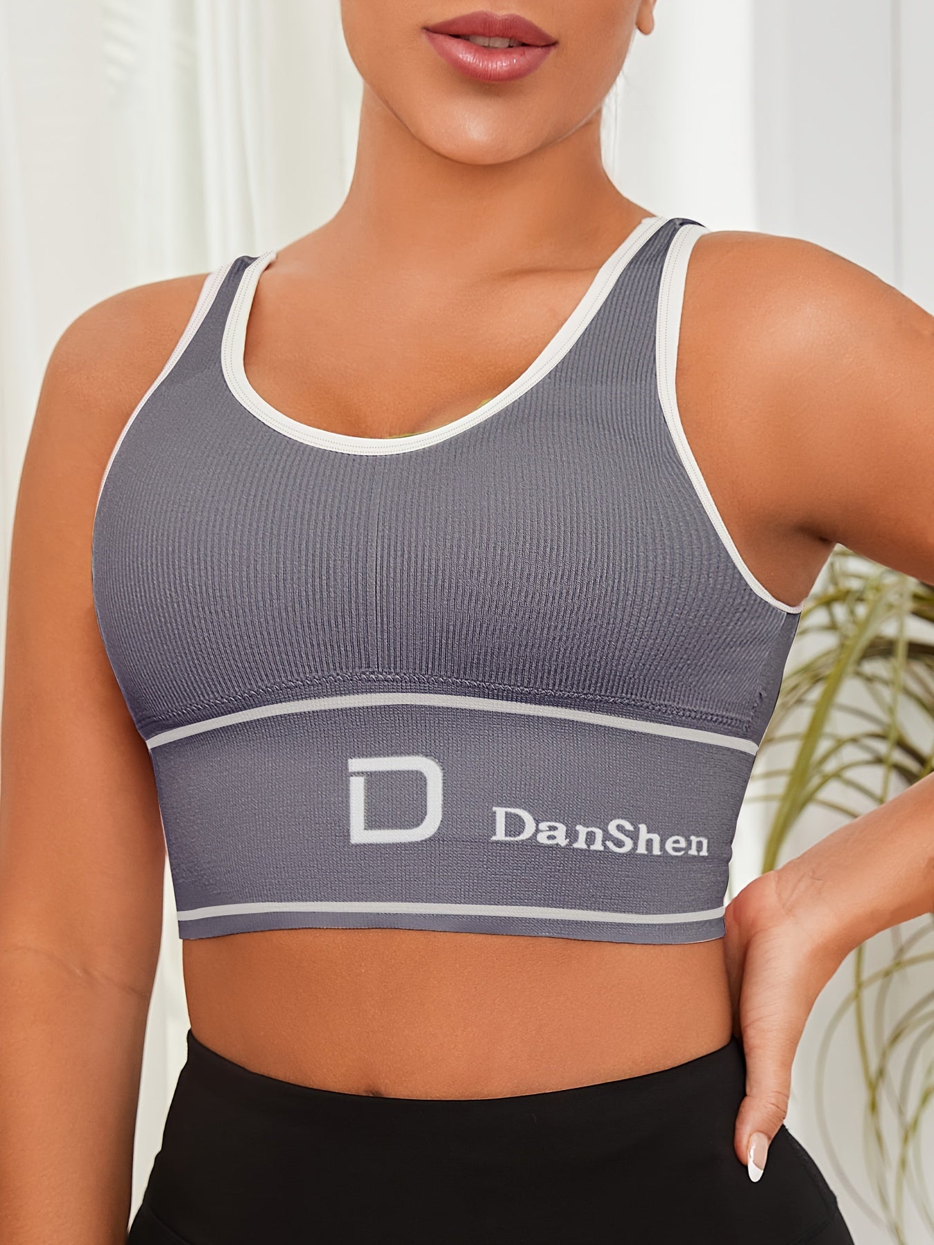 Women's High-Elasticity Ribbed Sports Bra Tank Top Olive Green Padded Wireless