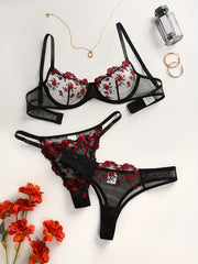 Women's Embroidered Lingerie Set Bra and Two Panties Floral Design Sexy Comfortable
