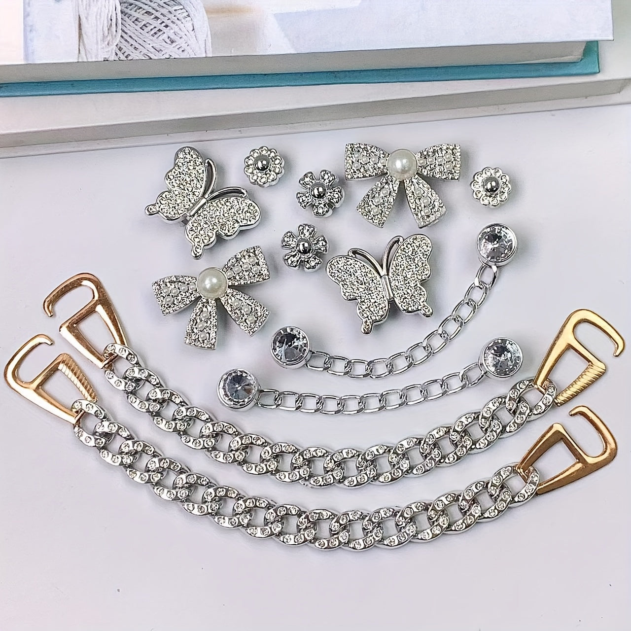 Women Silvery Bow Sunflower Butterfly Shoe Accessories Set for Clogs Sandals