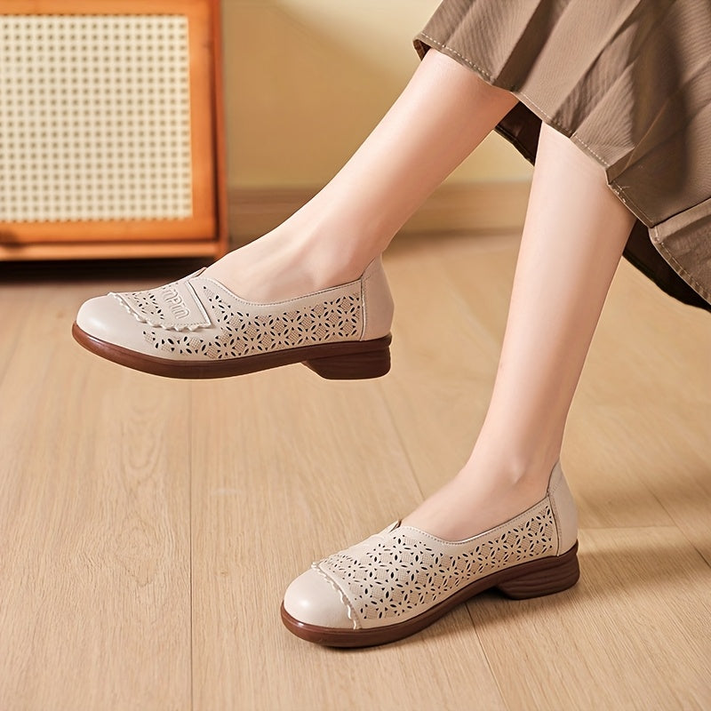Women's PU Hollow-Out Flat Shoes Casual Slip-On Loafers Breathable Flats