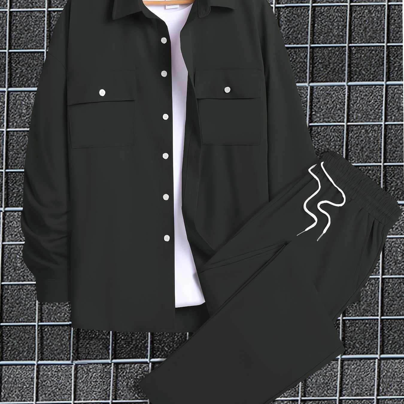 Men's Plus Size Solid Polyester Shirt and Pants Set for Fall Winter Casual