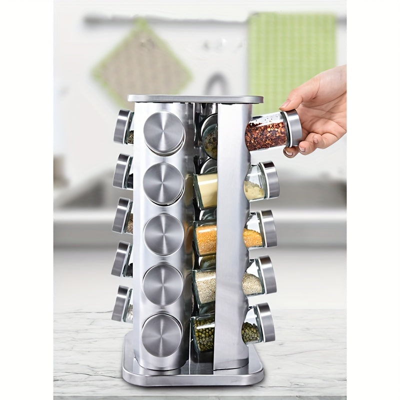 Organizador de estante de especias de acero inoxidable con 20 frascos, estante giratorio de encimera