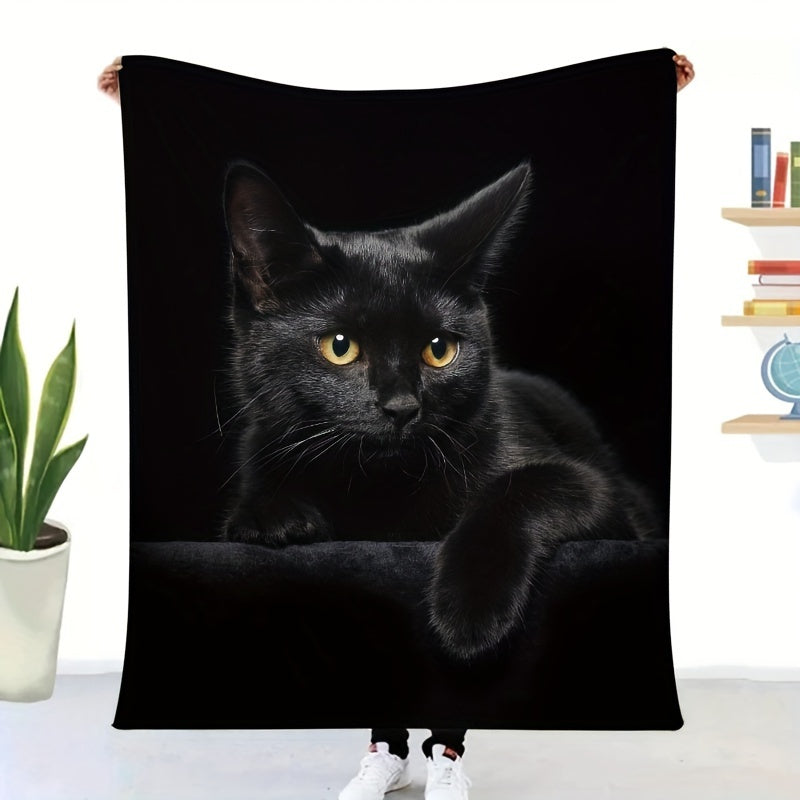 Black Cat Flannel Throw Blanket Cozy Soft Sofa Bed Halloween Gift