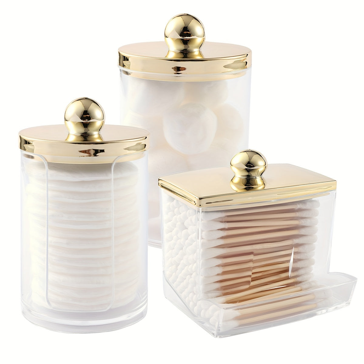 Bathroom Storage Organizer Set with 1/3 Qtips Container and Gold-Lidded 10 oz Ball Holder