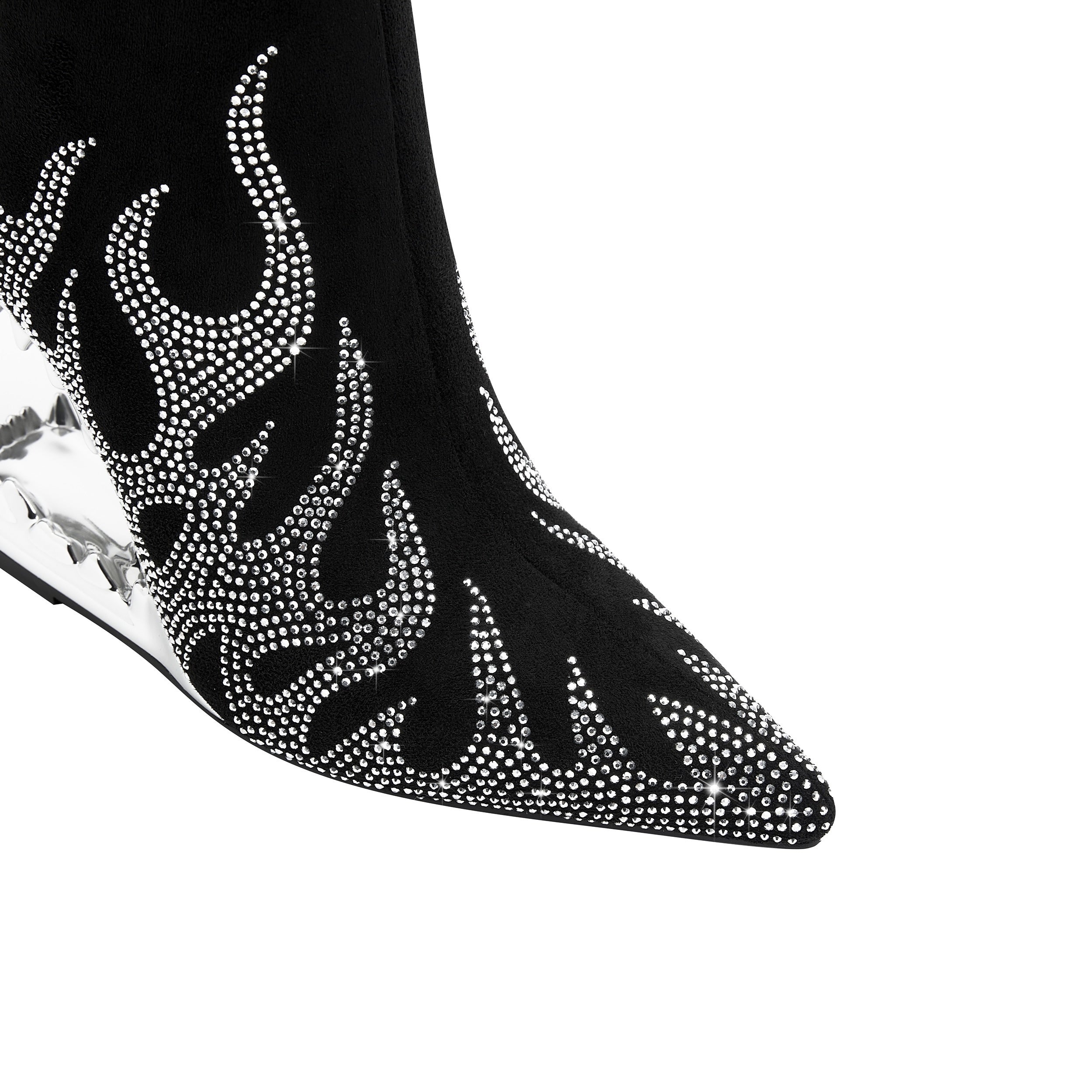 Women's Black Pointed Toe Ankle Boots with Rhinestones and Zipper