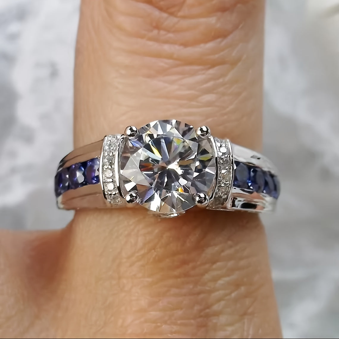 Sterling Silver 2ct Moissanite uzuk bilan ko‘k yon tomonlar bilan boho uslubida