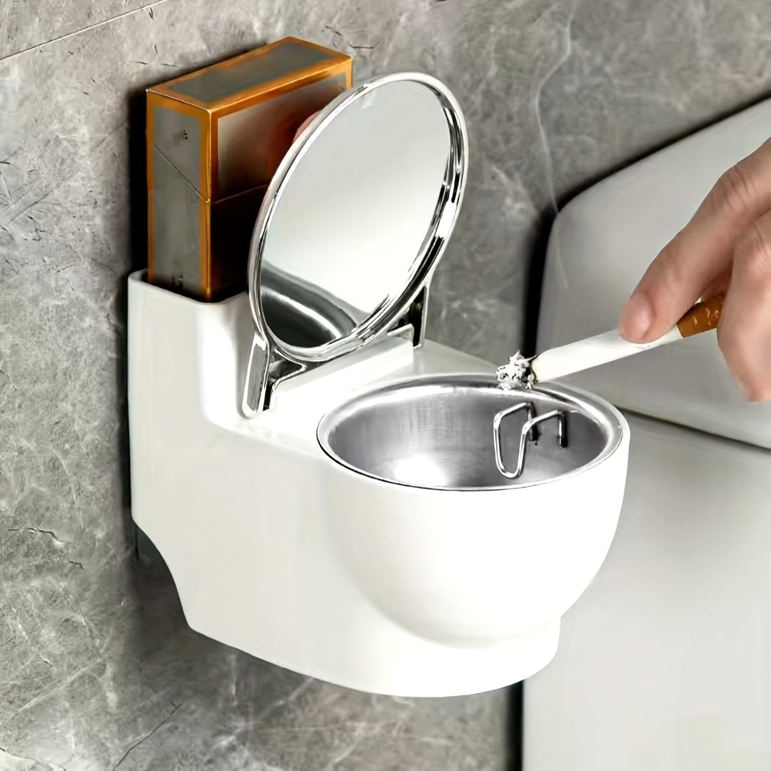 Toilet Shaped Ashtray with Lid Wall-Mountable Metal Plastic Cover for Home and Bedroom