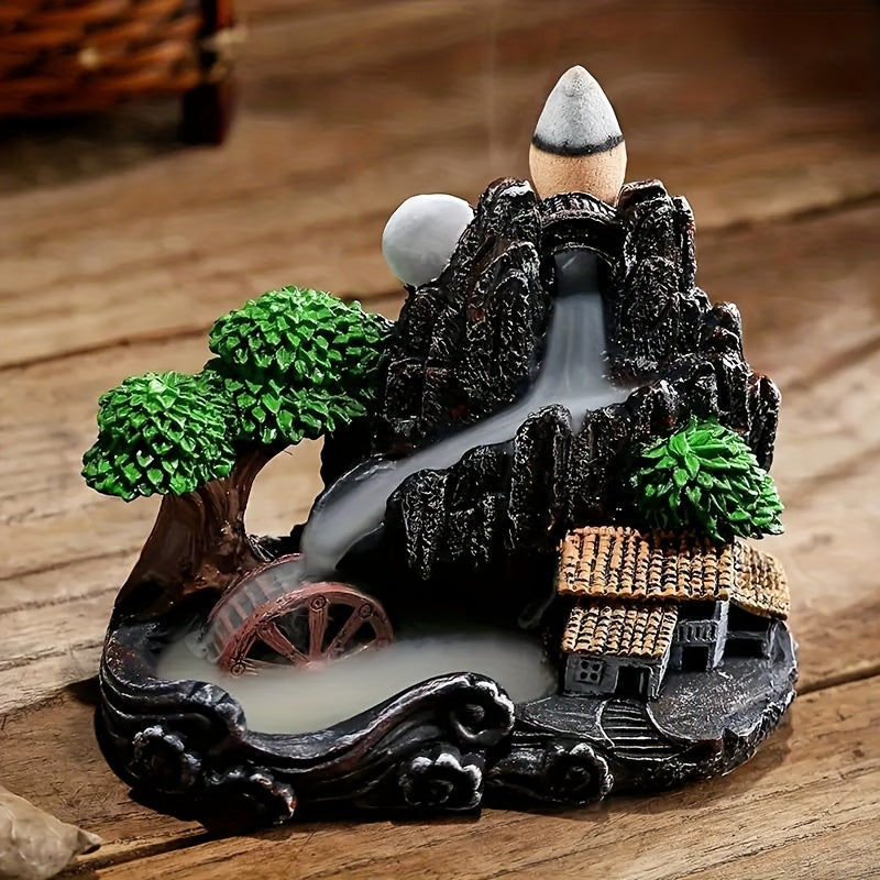 Handcrafted Waterfall Incense Burner with Traditional Chinese Architecture Design for Home Yoga Relaxation