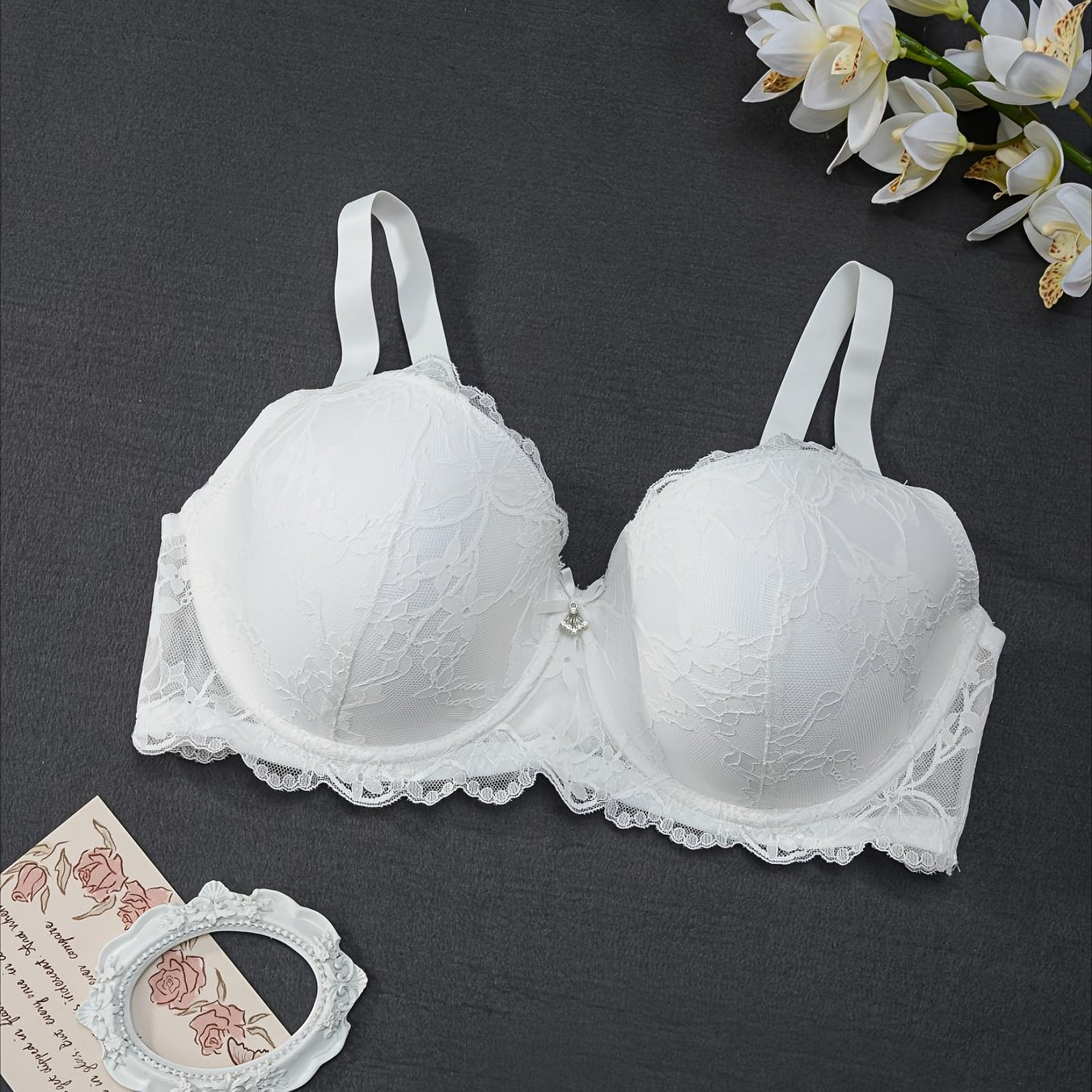 Plus Size Elegant Floral Lace Underwire Bra with Bow Detail