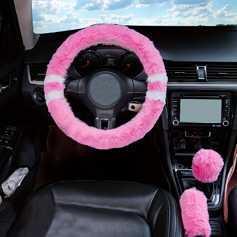 3pcs Winter Fur Plush Steering Wheel Covers Handbrake Gear Shift Fluffy Car SUV