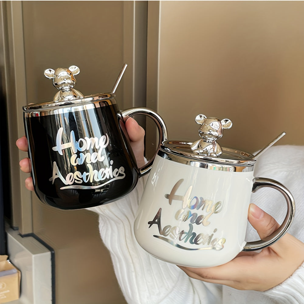 Men and Women Ceramic Coffee Mug with Lid and Spoon for Breakfast and Water