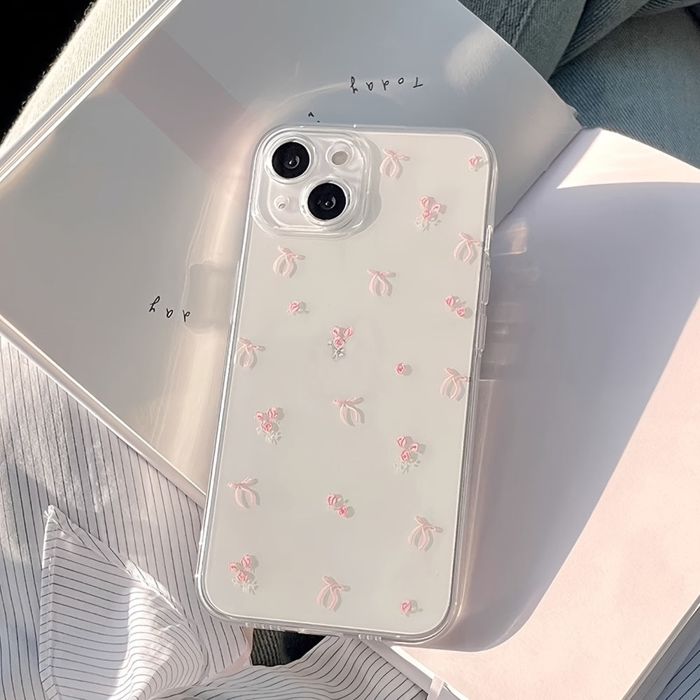 Transparent TPU Phone Case with Pink Bow Design for iPhone 11 12 13 14 15 16 Pro Max XR Plus