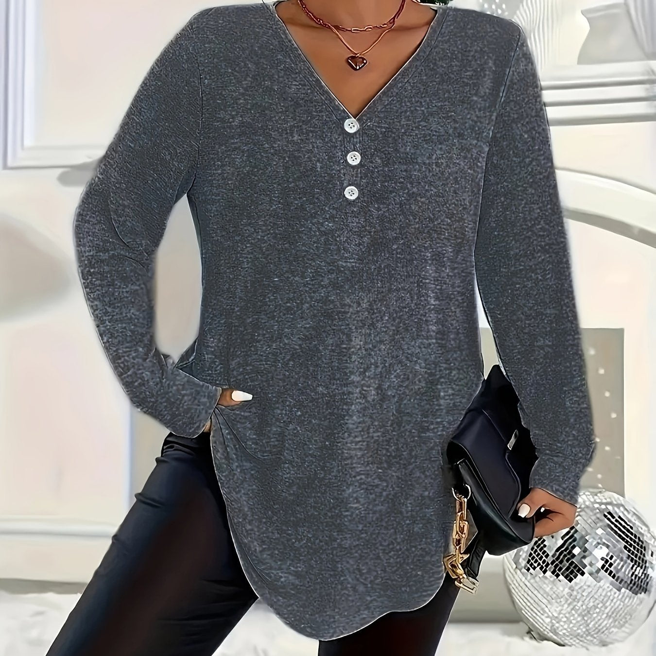 Women's Plus Size V-Neck Long Sleeve Top Polyester Knit Solid Color Fall Winter