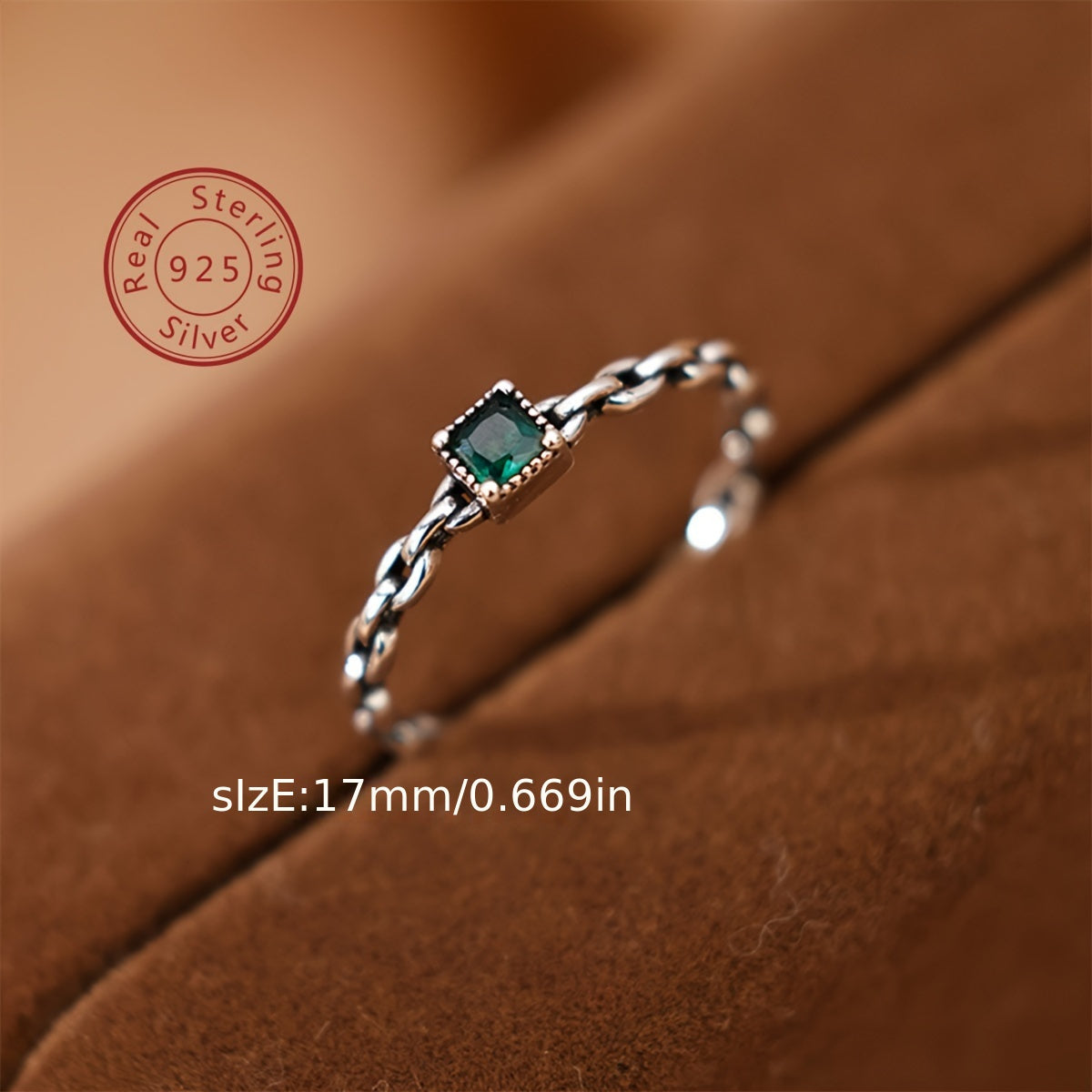 Sterling Silver Ring with Emerald Green Cubic Zirconia Intertwined Style for Women