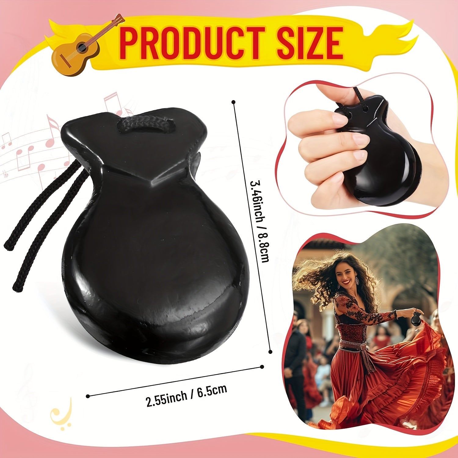 2 Pairs Spanish Castanets for Flamenco Black Wooden Hand Percussion Instruments