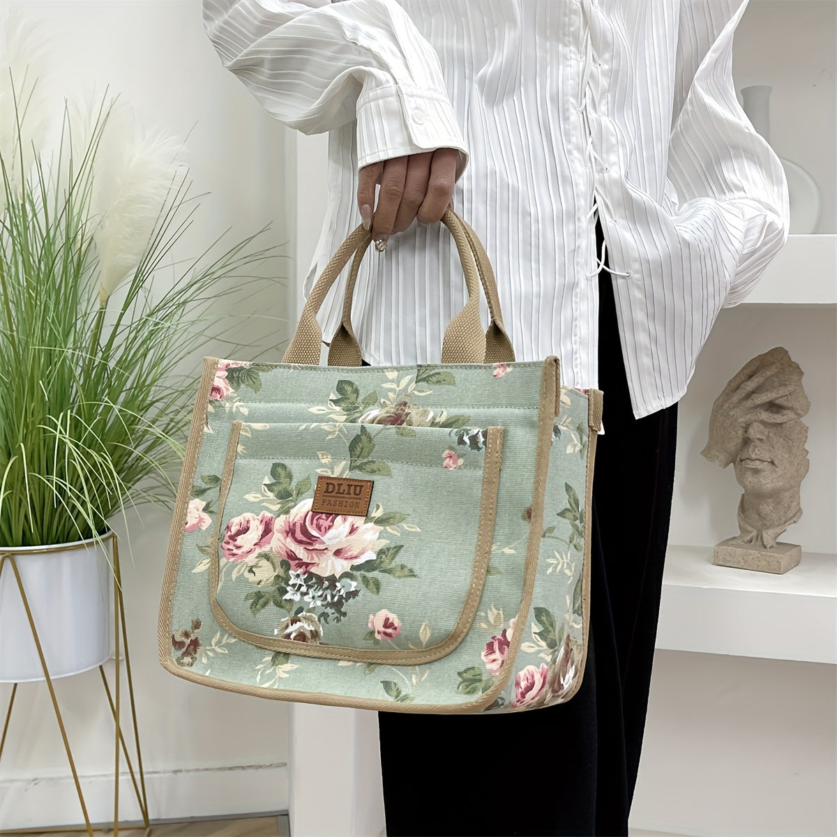 Floral Print Canvas Tote Bag with Zipper Closure and Fixed Shoulder Straps for Daily Commute Black Beige Green