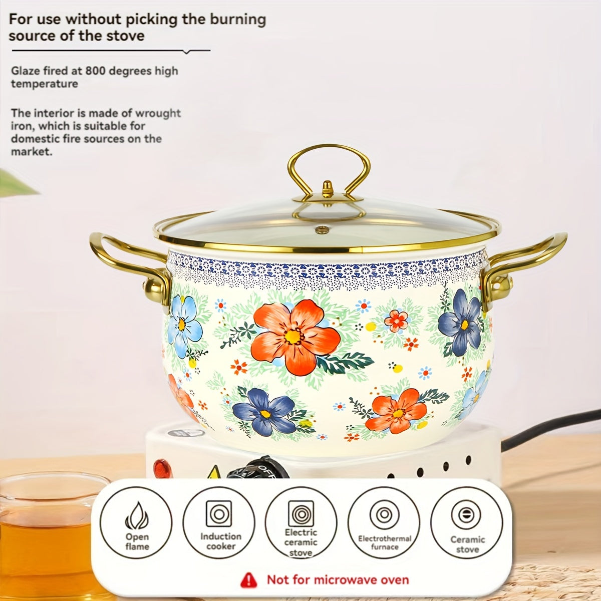 Enamel Soup and Stew Pot with Dual Handles, Clear Lid, Suitable for Gas and Induction Stoves