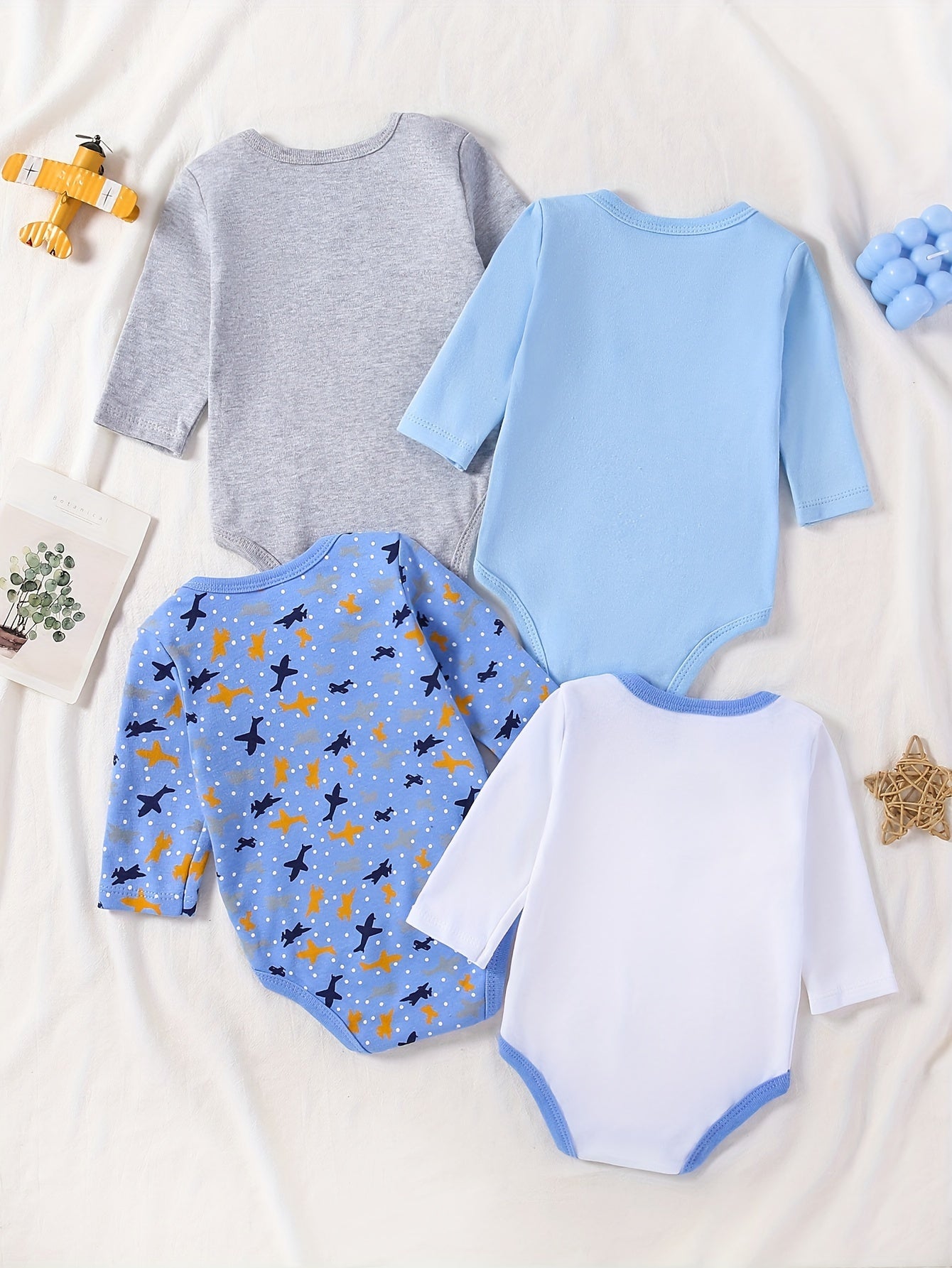 Boys 4-Pack Long Sleeve Cotton Onesies with Astronaut and Space Patterns for Fall Winter