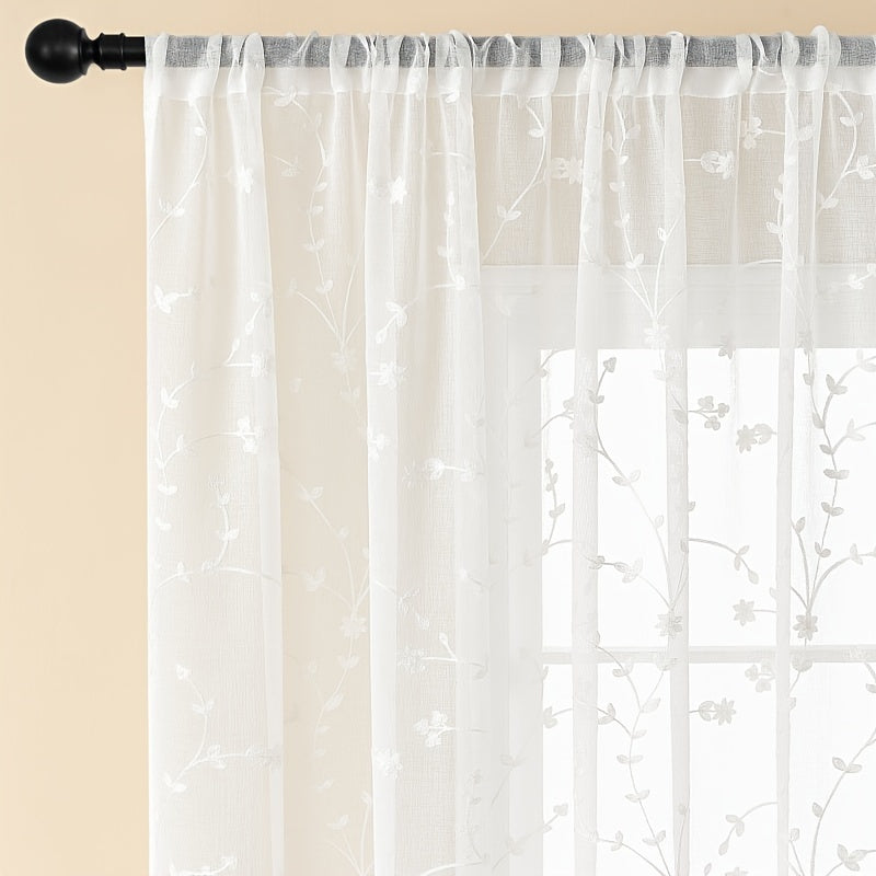 Pair Of Transparent Gauze Curtains With Floral Embroidery For Living Room Bedroom Outdoor