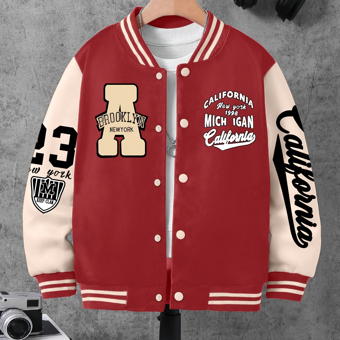 Boys Polyester Varsity Jacket with Geometric Pattern Baseball Collar Letter A Number 23 Fall Winter