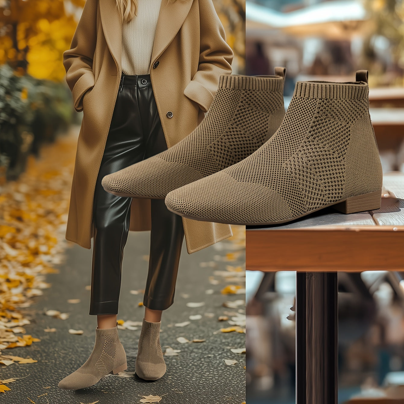 Women’s Knit Ankle Boots Breathable Mesh Low Block Heel Casual Shoes