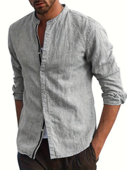 Plus Size Men's Cotton Casual Shirt with Mandarin Collar Button Closure for Beach and Casual Wear