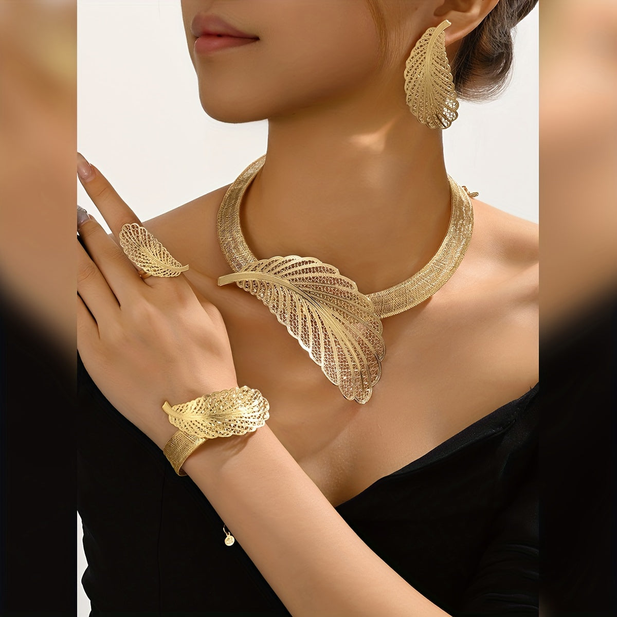 Golden Plated Jewelry Set with Earrings Necklace Ring and Bracelet Middle Eastern Vintage Style