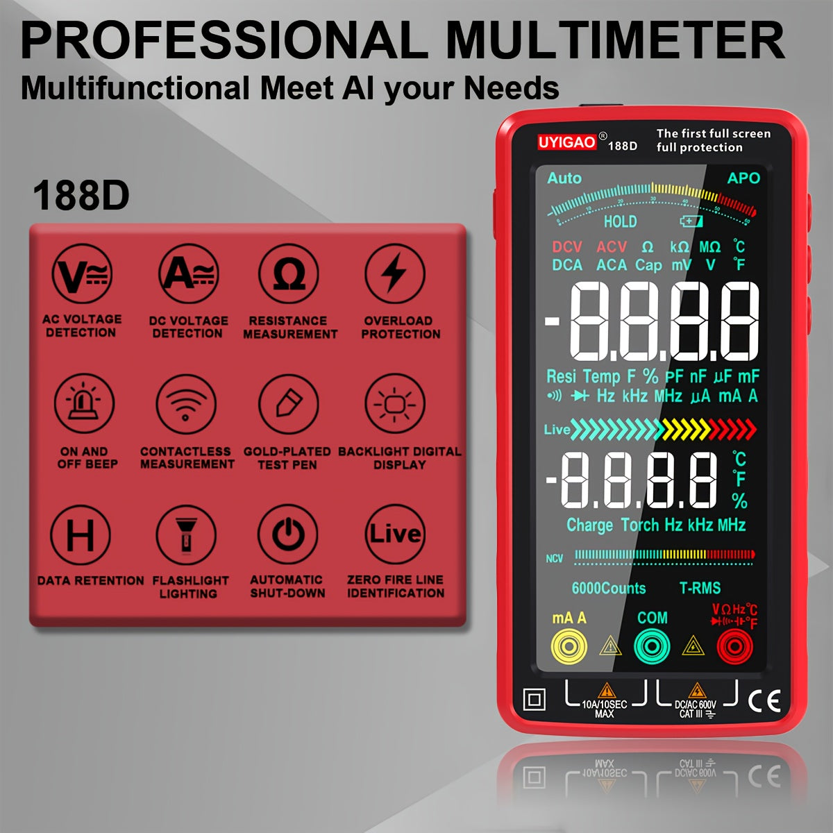 Digital Multimeter TRMS 6000 Counts Auto-Ranging AC/DC Voltage Current Resistance