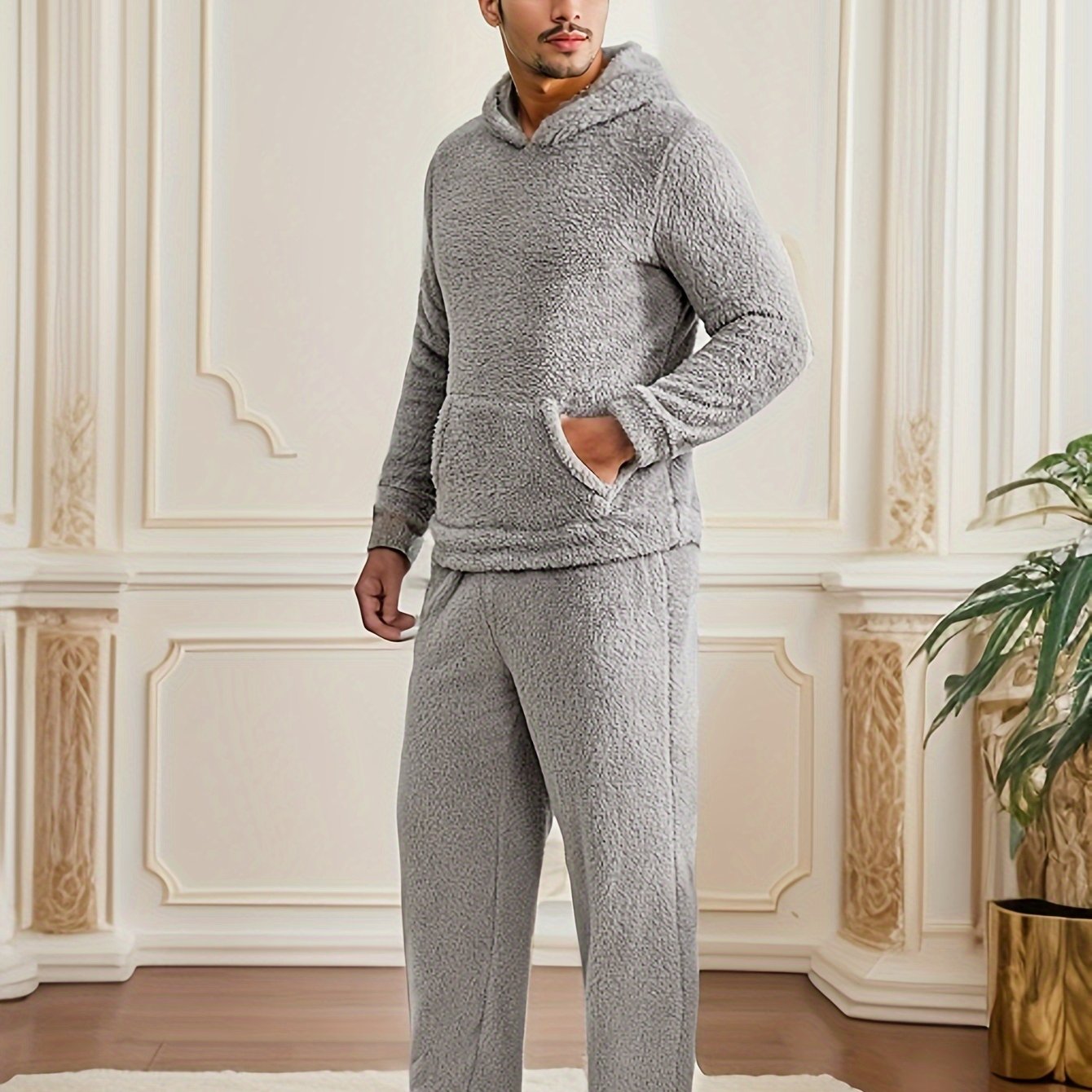 Men's Plush Fleece Hooded Pajama Set with Pockets for Winter Sleepwear