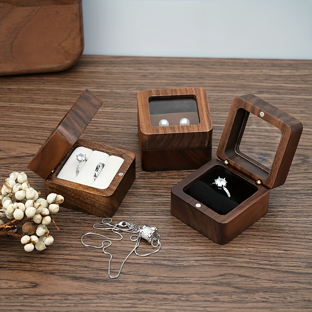 Double Seat Jewelry Box Made of Solid Walnut Wood for Wedding Rings and Proposal Diamonds