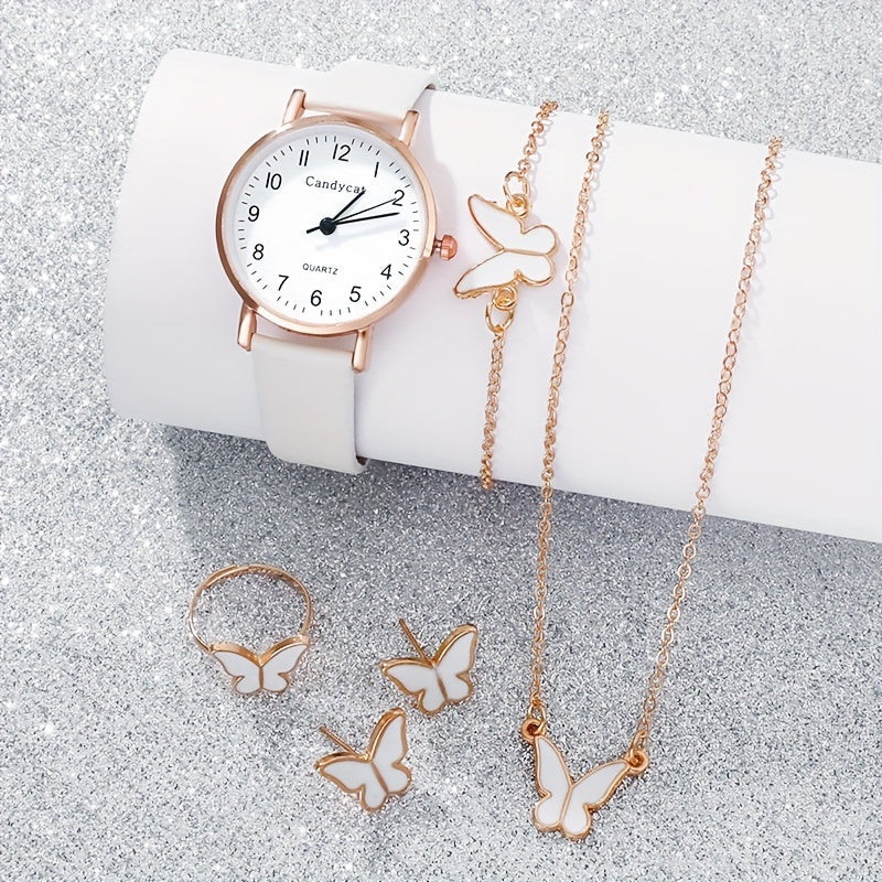 Ladies Fashion Quartz Watch Ring Necklace Set with Faux Leather Straps and Gift Box