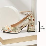 Women's Floral Block Heel Pumps Dress Shoes with Ankle Straps