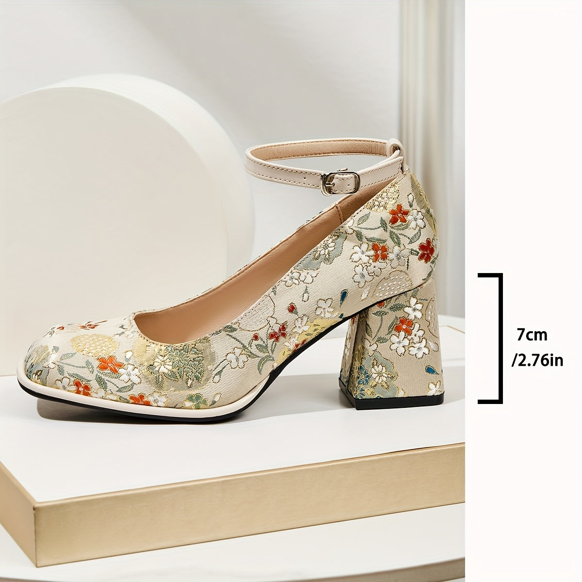 Women's Floral Block Heel Pumps Dress Shoes with Ankle Straps